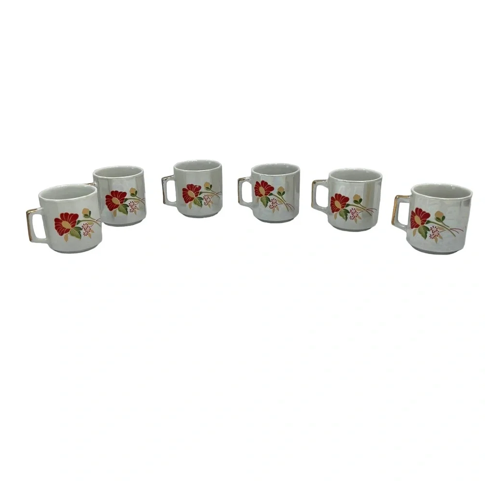 VINTAGE WAHBEH OF CHINA RED FLORAL LUSTERWARE CUPS & SAUCERS - SET OF 6